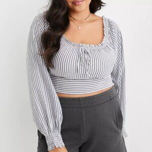 Aerie Striped Long Sleeve Cropped Top Womens Medium Gray White New Smocked